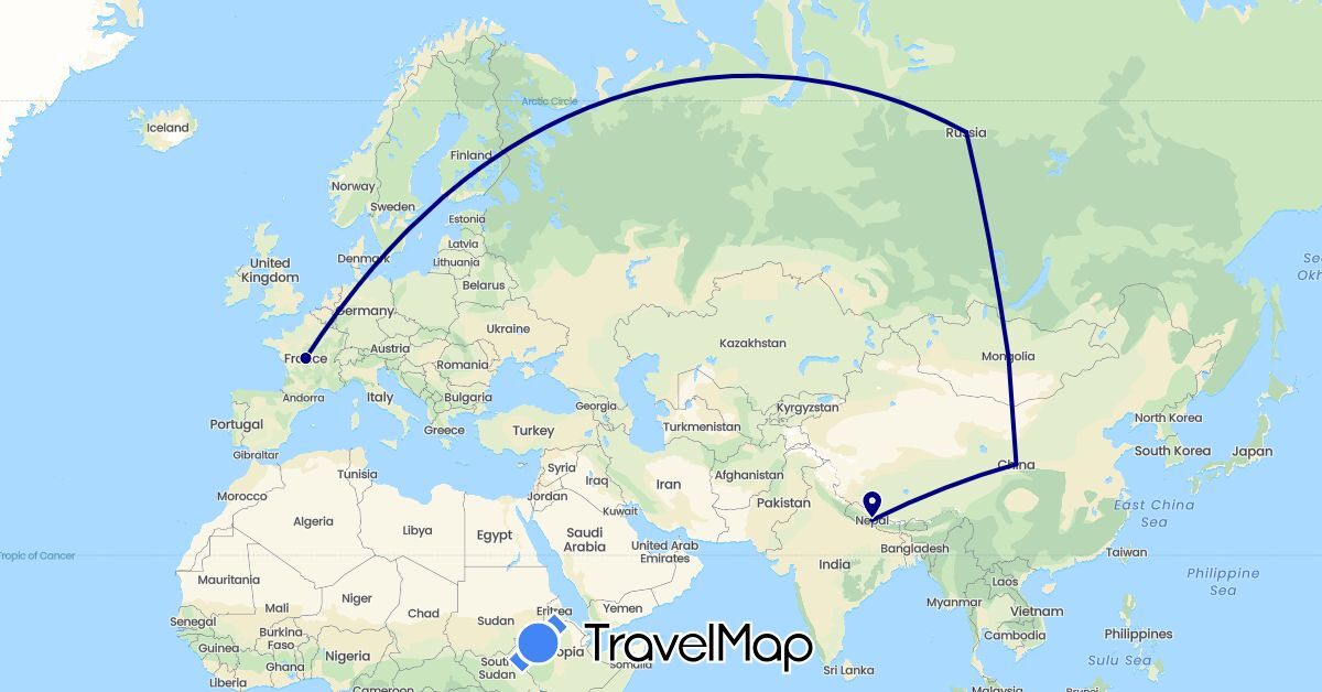 TravelMap itinerary: driving in China, France, Mongolia, Nepal, Russia (Asia, Europe)